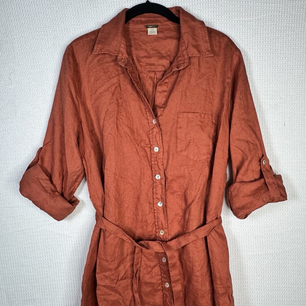 Magaschoni 100% Linen Shirt Dress Coral Roll Tab Sleeve Belted Size Large - Picture 3 of 13